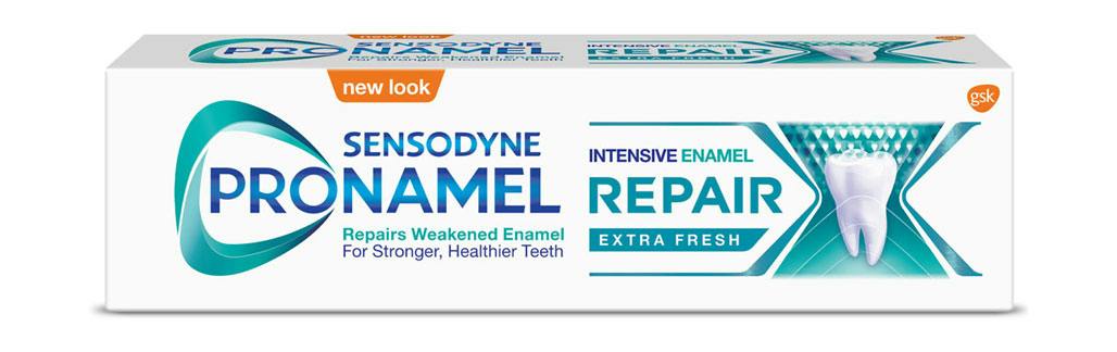 Four tubes of Sensodyne Pronamel enamel repair toothpaste in Extra Fresh flavor — view 2