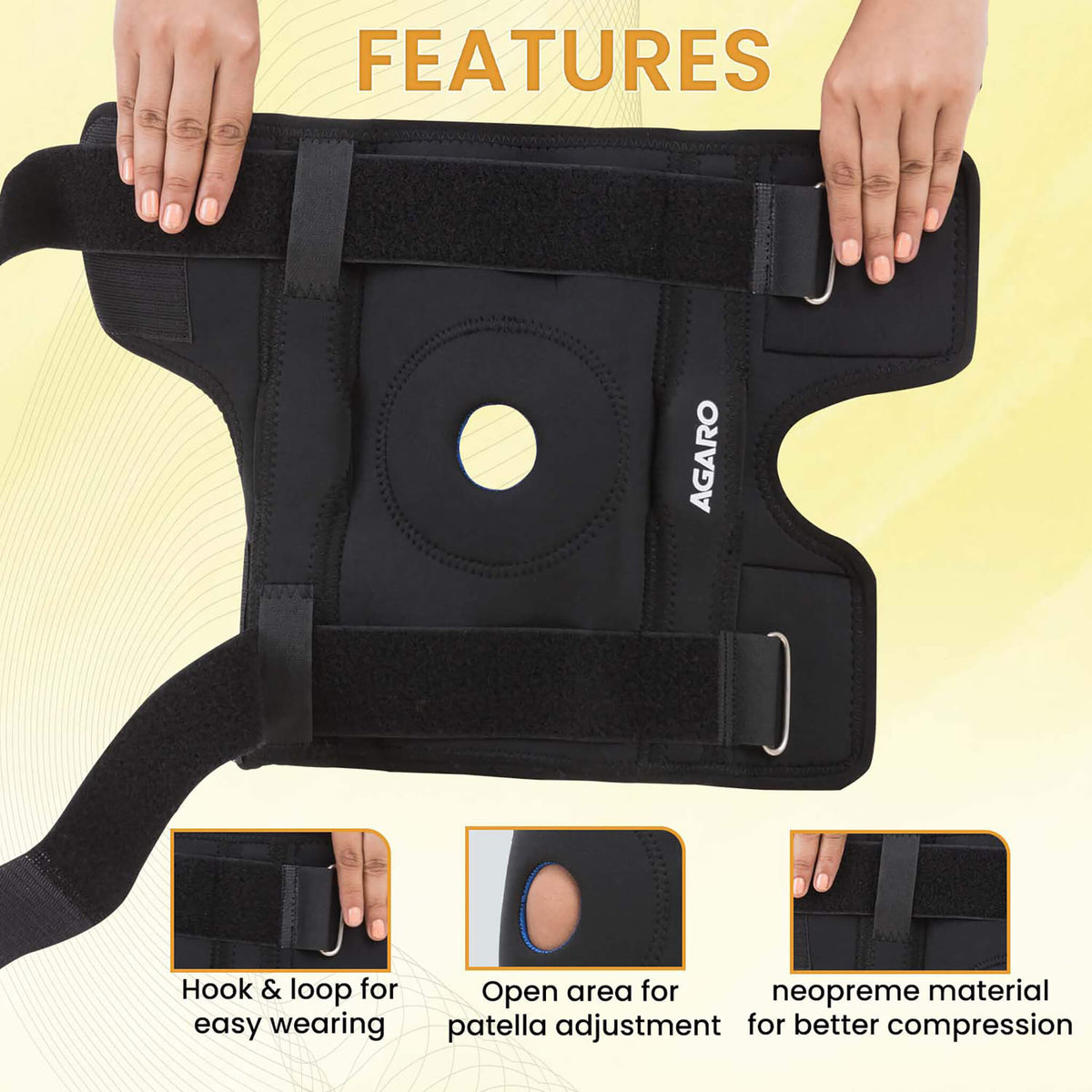 AGARO hinged knee support with open patella and adjustable hook-and-loop straps — view 4