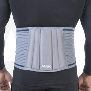 Grey AGARO lumbo sacral belt with double strapping, rigid splints and breathable cotton fabric