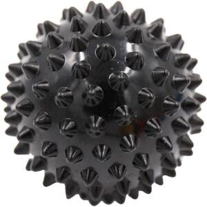 PlayMakar spiky plantar fasciitis massage ball shown beside a bare foot on the floor