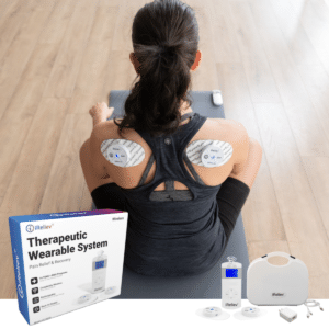 iReliev white 2-pod wearable TENS unit with EMS controller and electrode pads