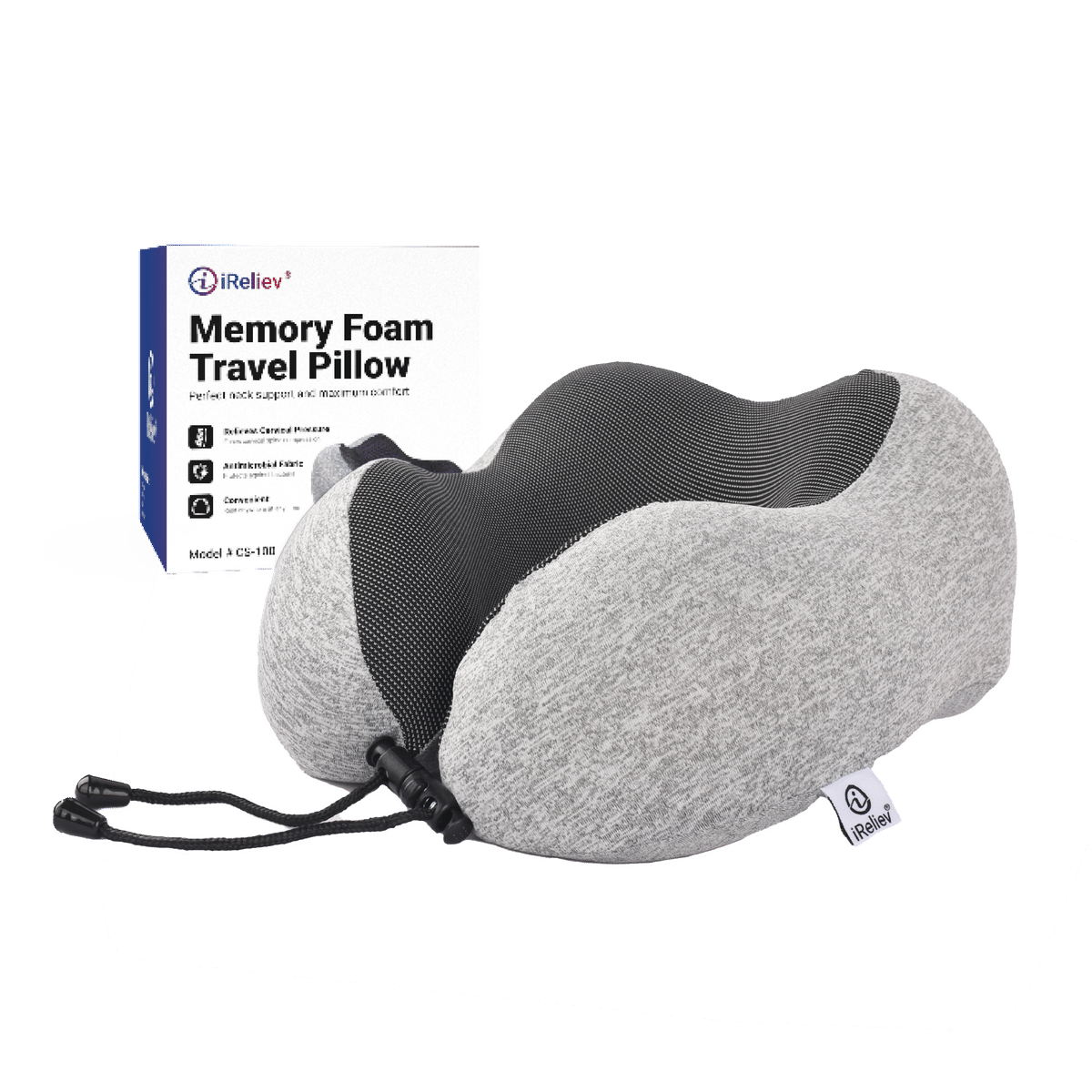 iReliev memory foam travel pillow curved to cradle the neck, shown from the side — view 4
