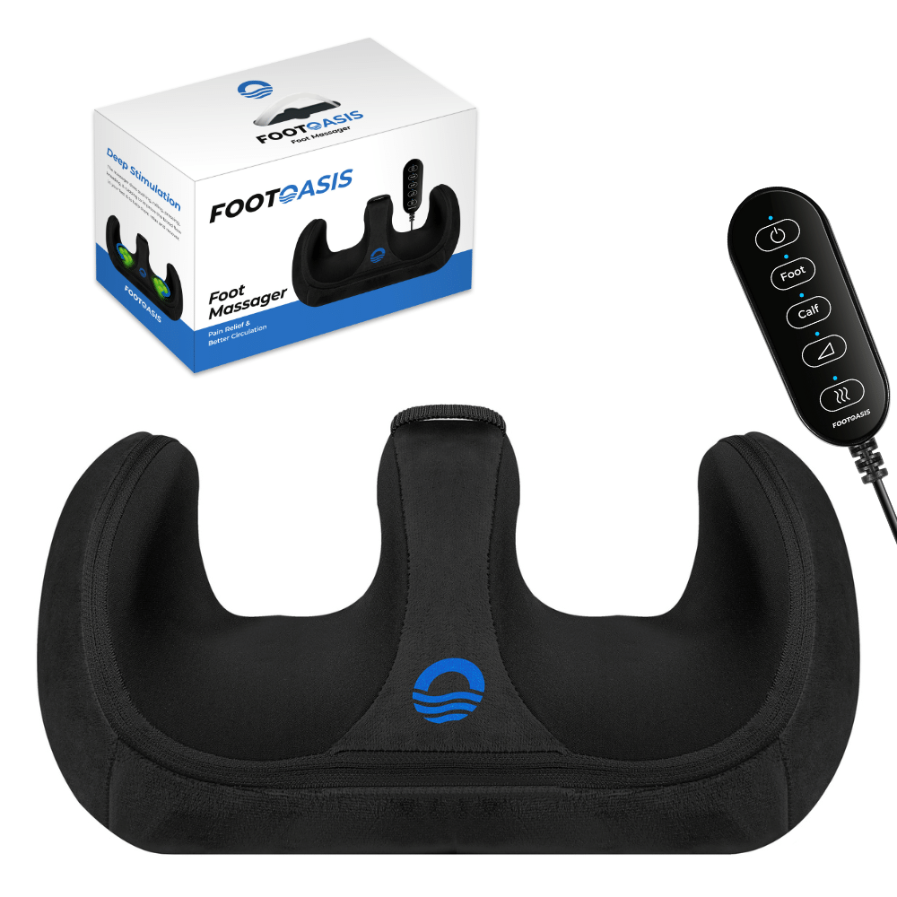 REATHLETE FOOTOASIS shiatsu foot massager with heat, shown with feet resting inside the padded device — view 2