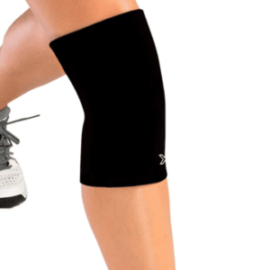 Black body helix full knee compression sleeve in size small, shown slipped over the leg