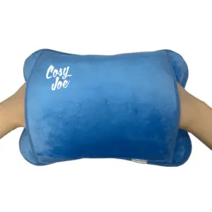 Blue Cosy Joe rechargeable hot water bottle with soft cover and charging cable