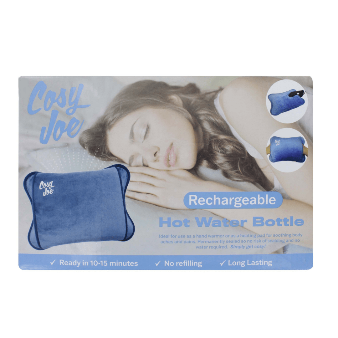Blue Cosy Joe rechargeable hot water bottle with soft cover and charging cable — view 2