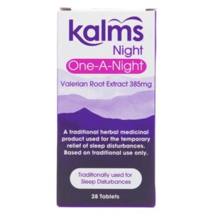 Kalms Night One-A-Night Valerian Root Extract 385 mg, front of the 28-tablet carton