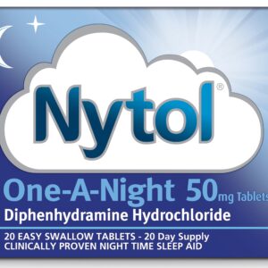 Nytol One-A-Night 50 mg diphenhydramine hydrochloride tablets, front of the 20-tablet carton