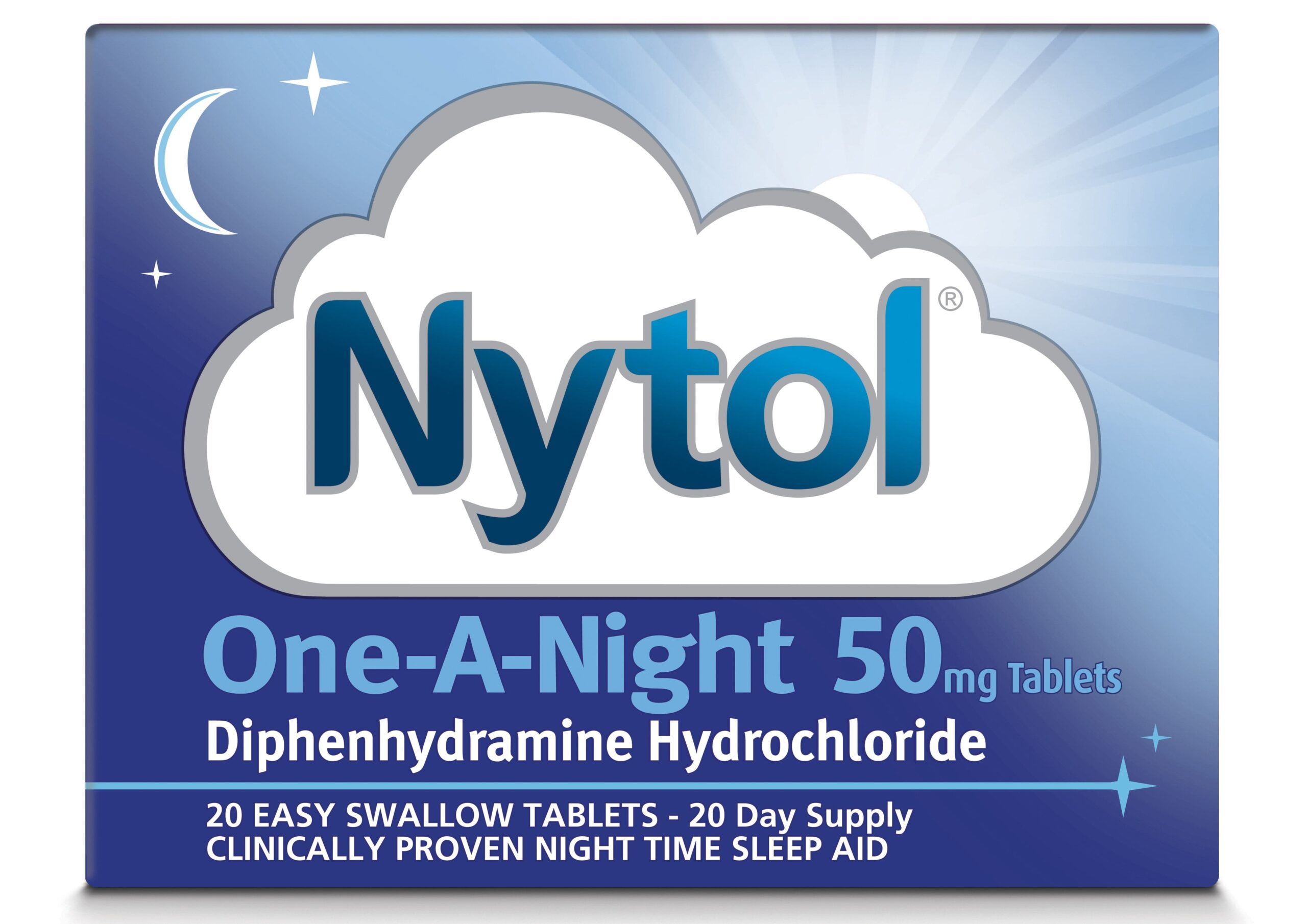 Nytol One-A-Night 50 mg diphenhydramine hydrochloride tablets, front of the 20-tablet carton