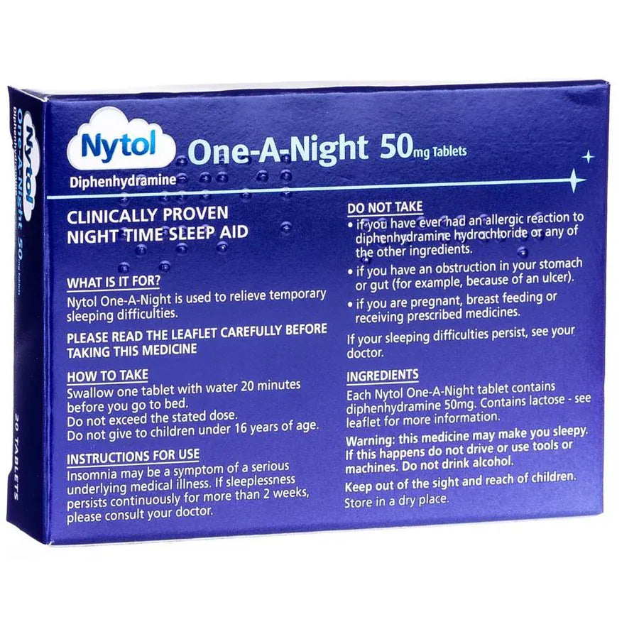 Back of the Nytol One-A-Night carton with directions, warnings and ingredients