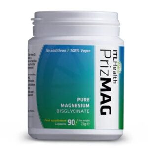 PrizMAG Magnesium Bisglycinate tub of 90 capsules by ITL Health, front label