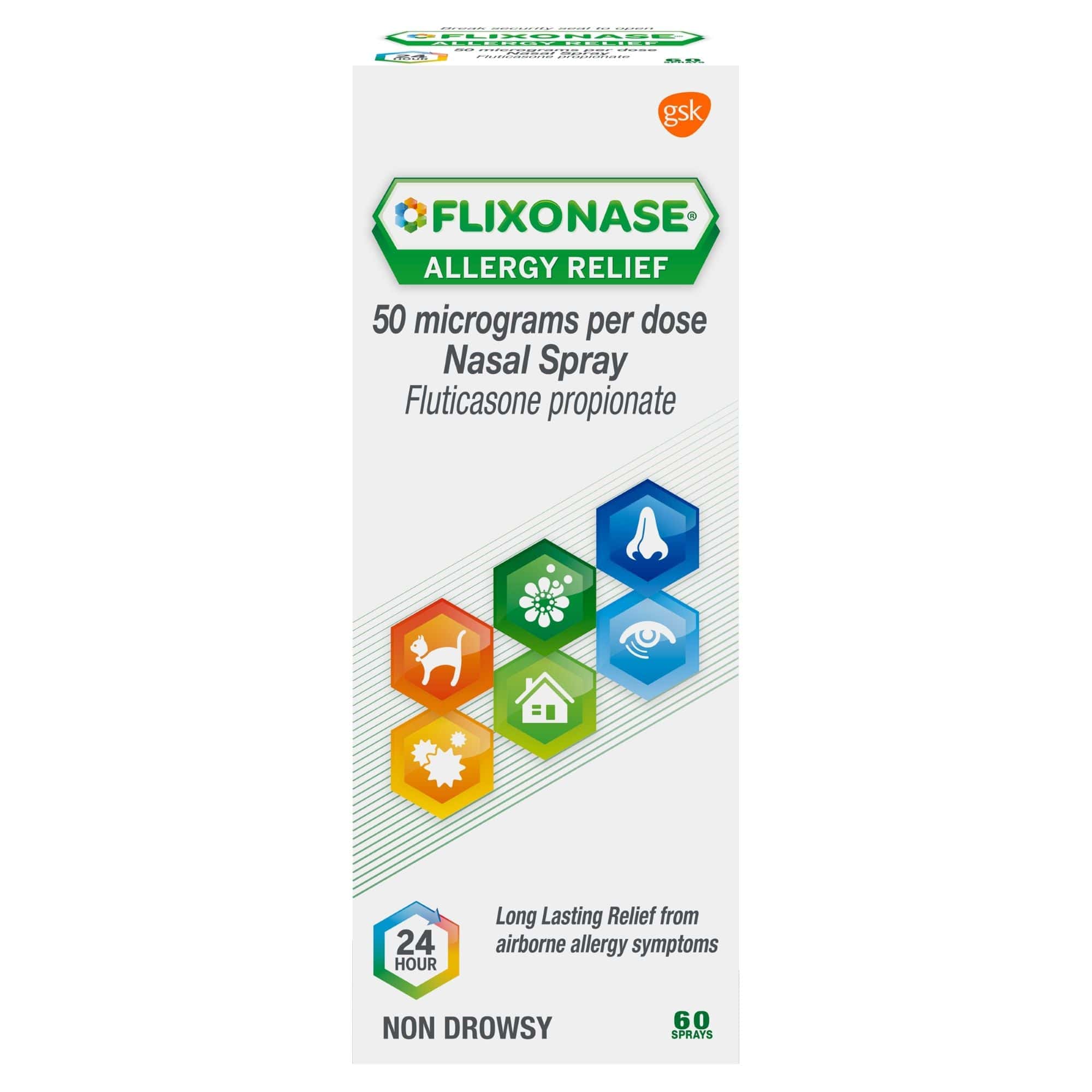 Flixonase 50 micrograms per dose fluticasone propionate nasal spray, 60 sprays, front of carton