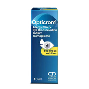 Opticrom Allergy 2% w/v sodium cromoglicate eye drops solution, 10 ml carton, front