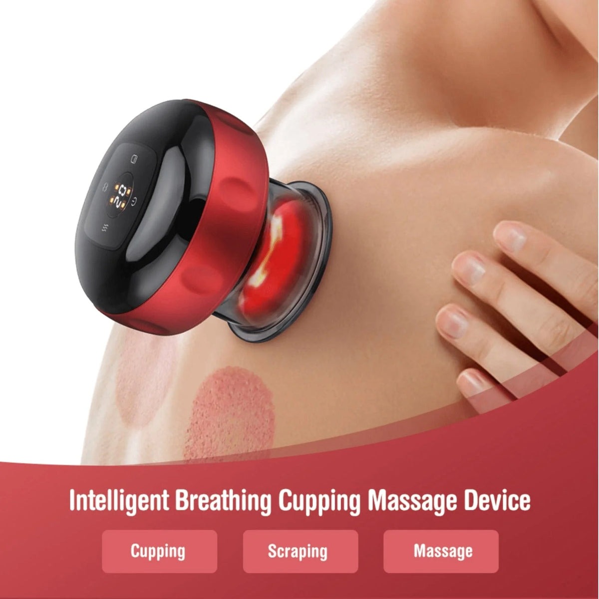 APE BORN Fitness smart cupping massager with red light, shown on a back and neck — view 3