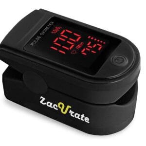 Zacurate 500DL Pro Series fingertip pulse oximeter in black showing SpO2 and pulse rate on its red LED display