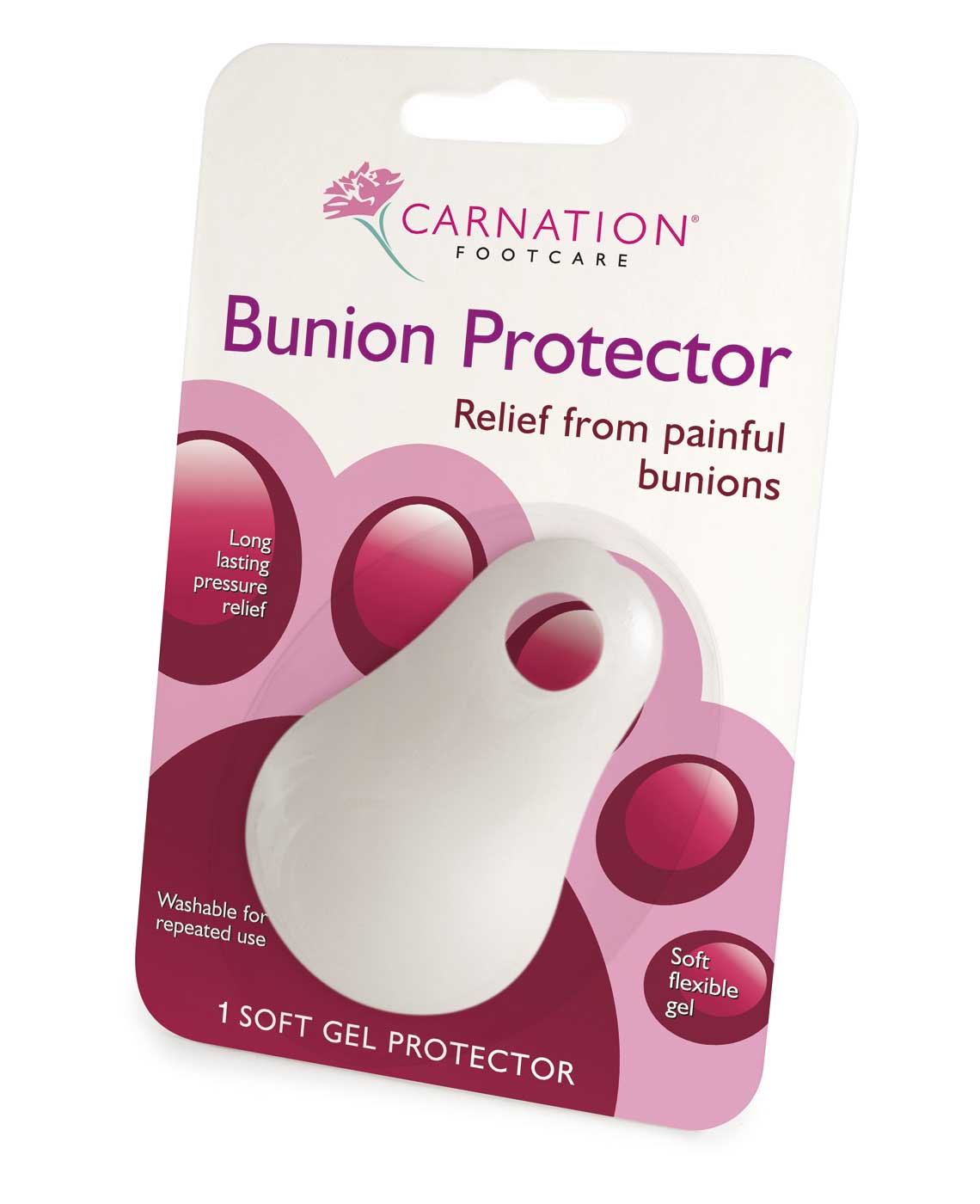 Carnation gel bunion protector with toe loop, soft clear gel cushion shown on a white background