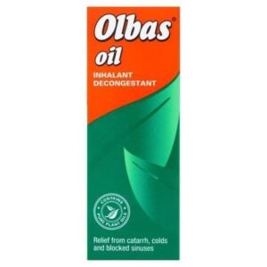 Olbas Oil inhalant carton, front, green and orange design
