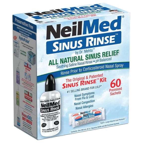 NeilMed Sinus Rinse Starter Kit box showing the squeeze bottle and 60 premixed sachets