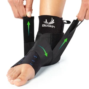 BioSkin AFTR gel ankle brace with silicone J-pads and stabilizing straps, size XL-XXL