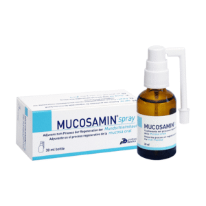 Mucosamin 30ml bottle of oral mucositis spray with pump applicator