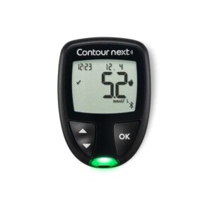 Contour Next blood glucose meter, front view with a reading on the display