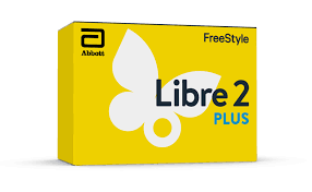 FreeStyle Libre 2 Plus sensor box, yellow with the Abbott butterfly logo
