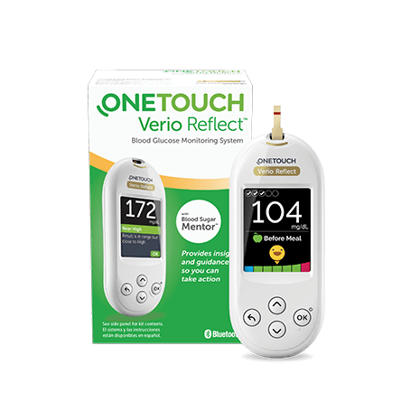 OneTouch Verio Reflect meter next to its box, showing a reading with the Before Meal tag