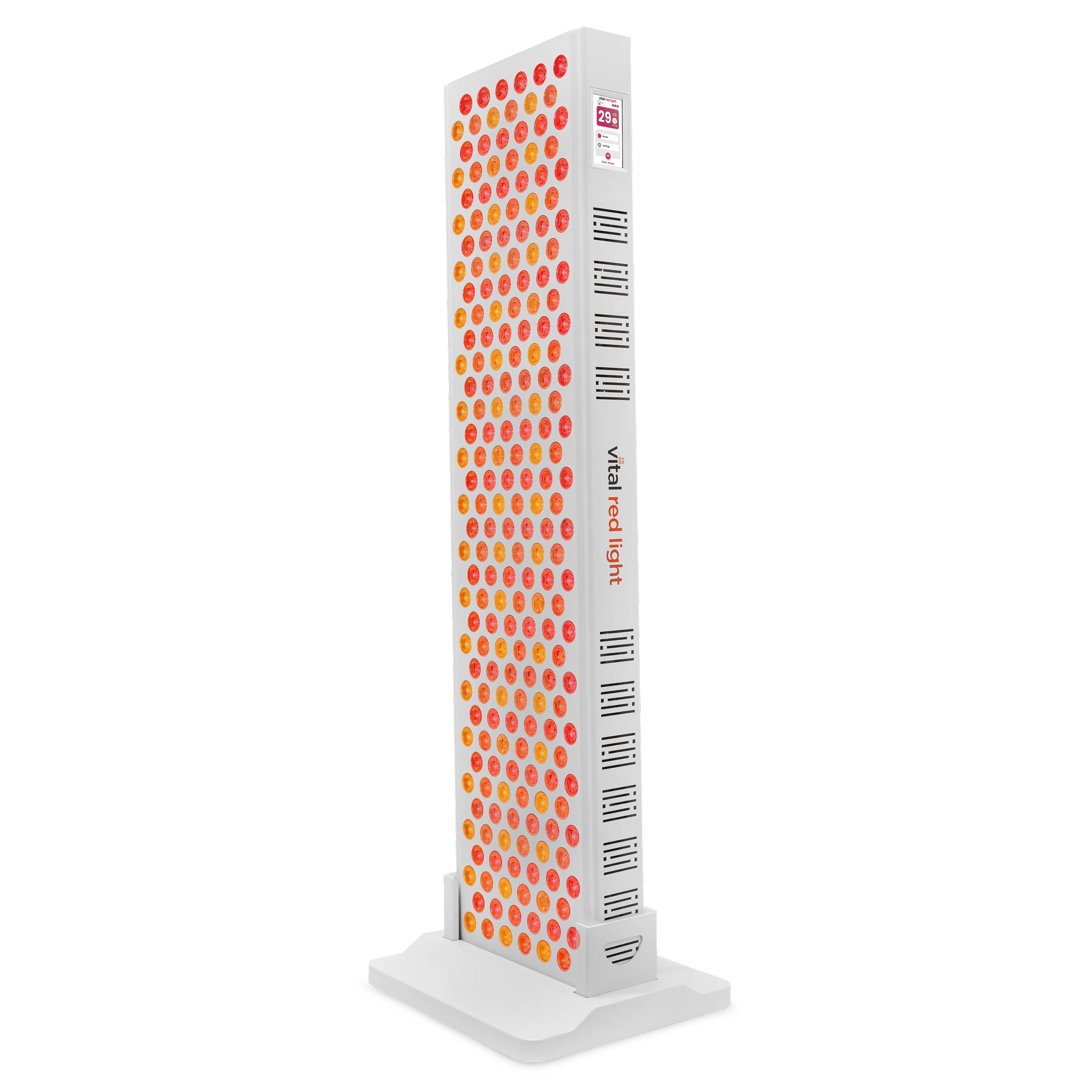 Vital Elite 2.0 red light therapy panel standing upright with its LED surface lit — view 5