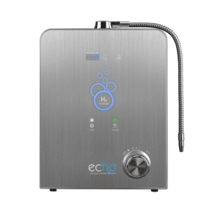 ECHO H2 hydrogen water machine on a kitchen countertop filling a glass of water