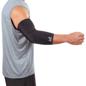BioSkin compression elbow sleeve in medium worn on a bent arm