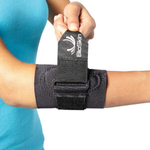 BioSkin tennis elbow band in size L, showing the silicone pad and adjustable strap