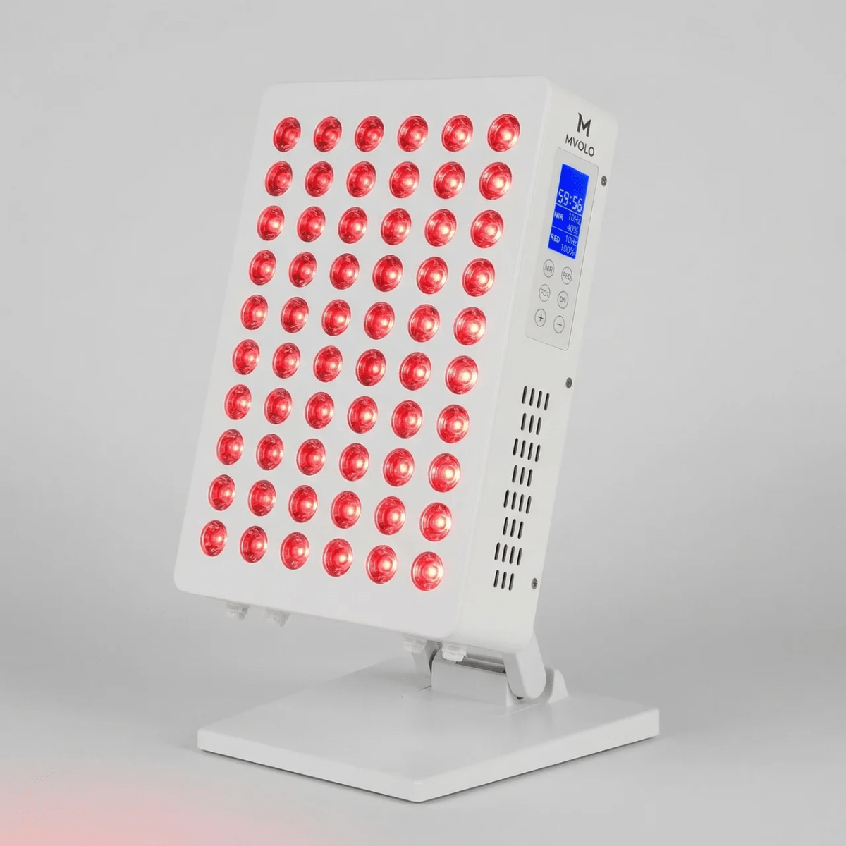 Mvolo Elite Series 306 red light panel standing on a table with its remote