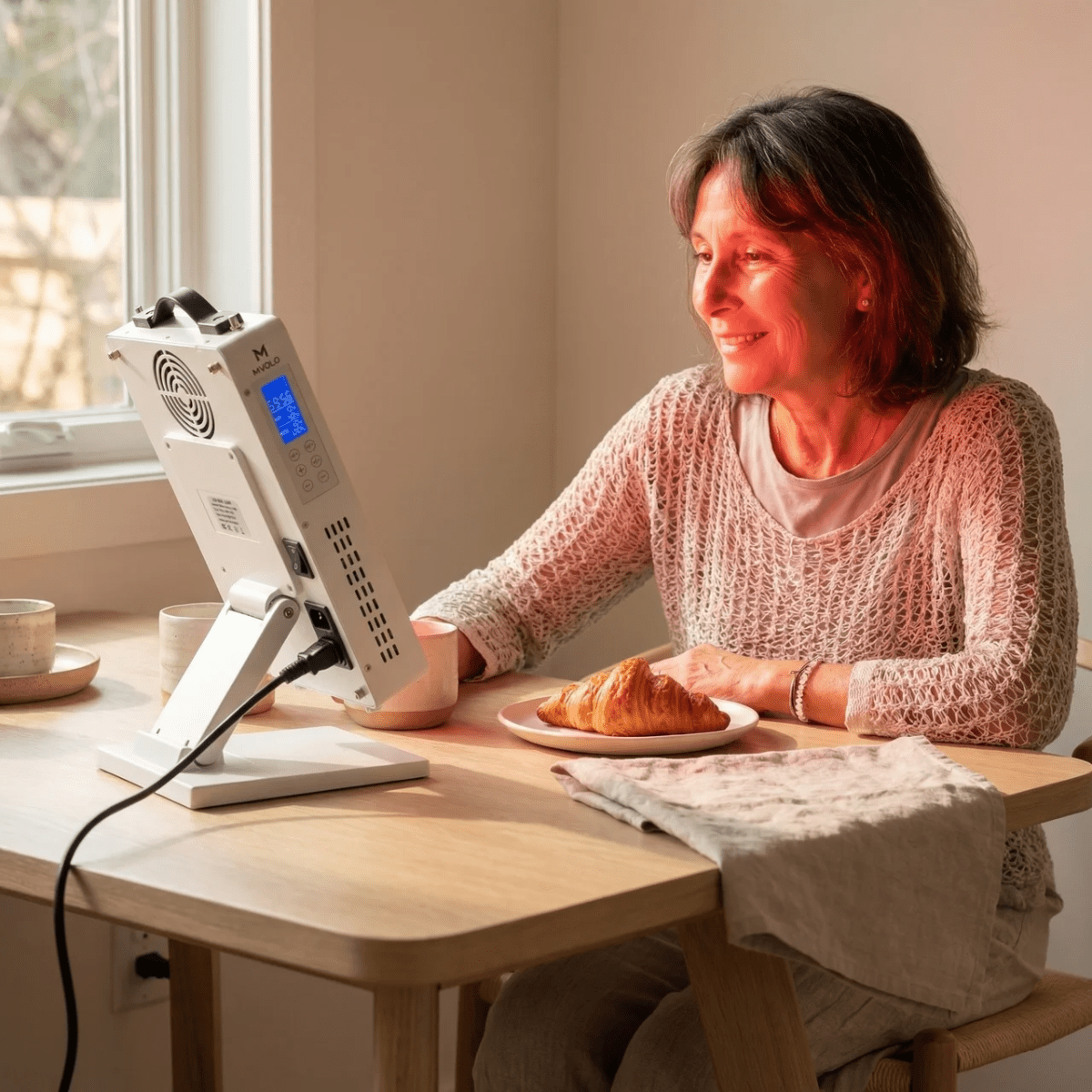 Mvolo Elite Series 306 red light panel standing on a table with its remote — view 4