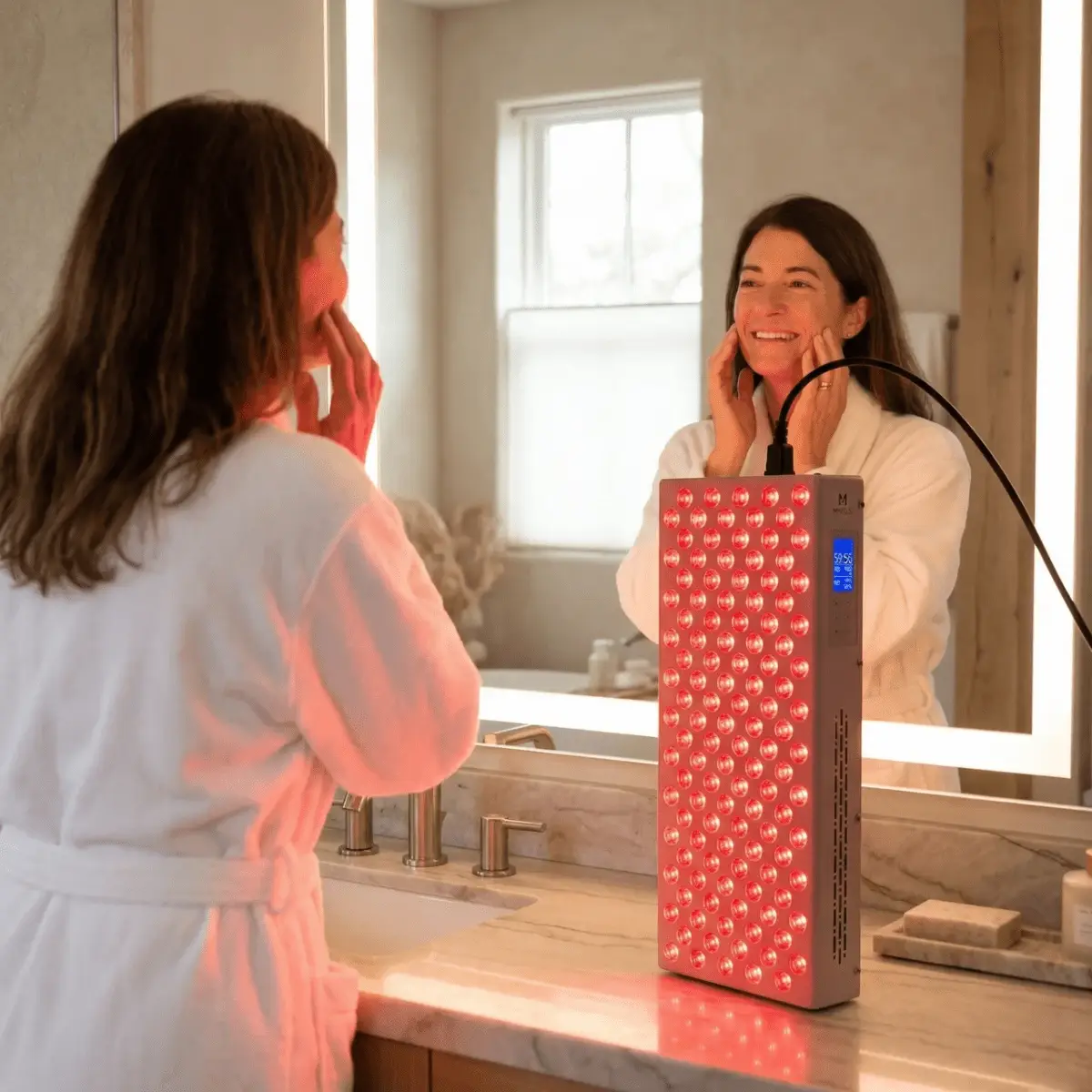 Mvolo Elite Series 506 red light therapy panel with 120 dual-chip LEDs switched on — view 3