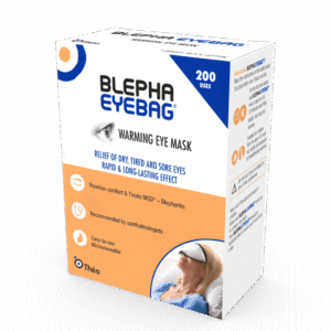 Blepha EyeBag warming eye mask, a reusable microwaveable fabric mask shown with its box