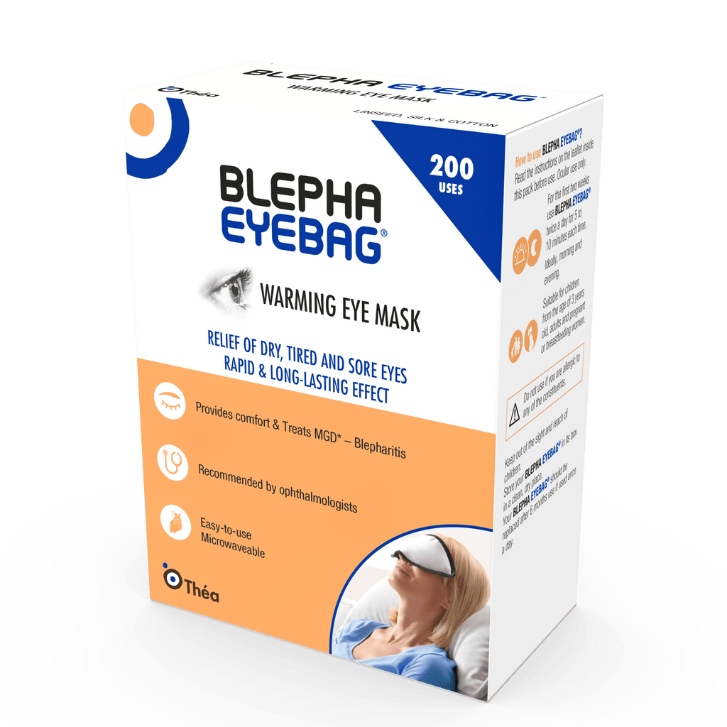 Blepha EyeBag warming eye mask, a reusable microwaveable fabric mask shown with its box