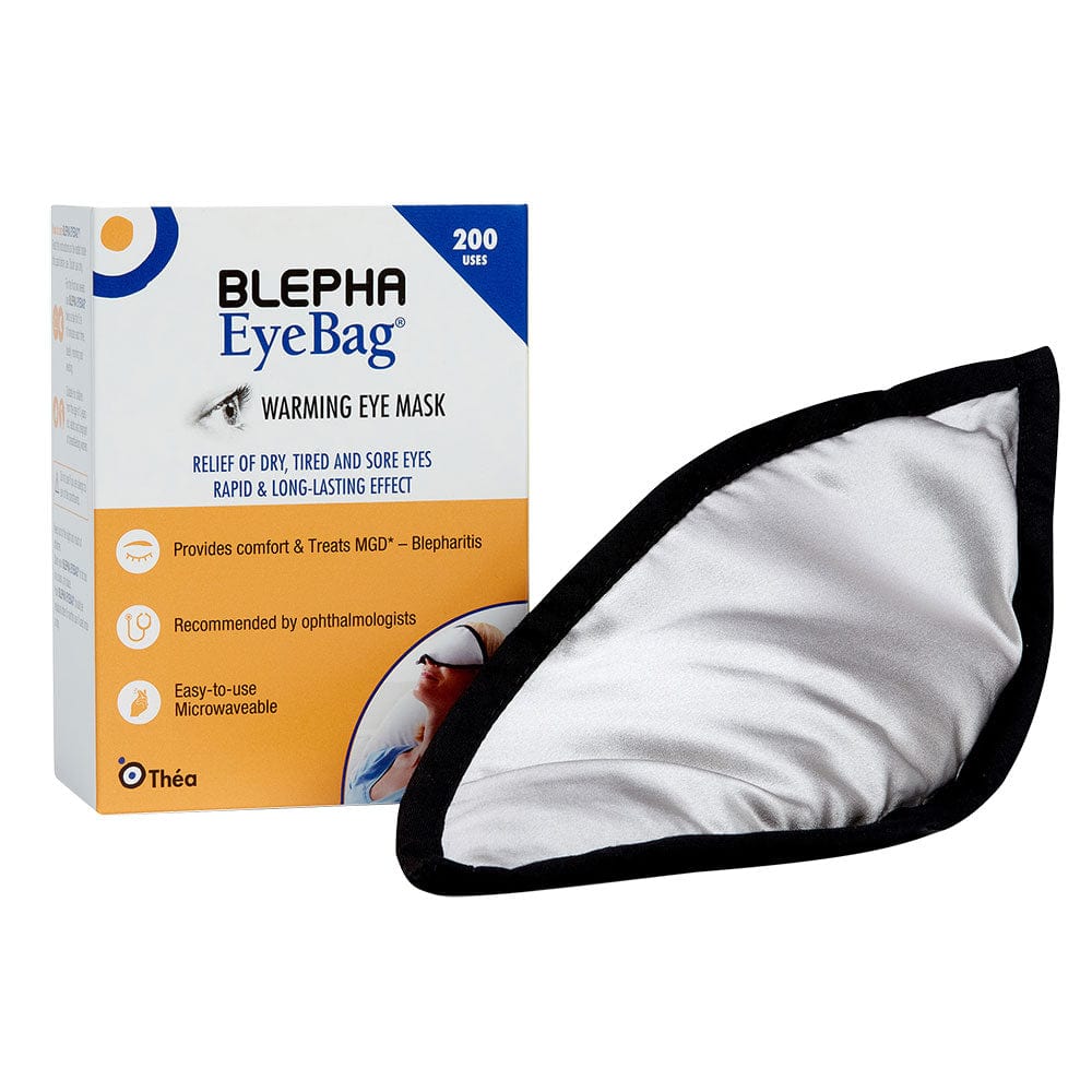 Blepha EyeBag warming eye mask, a reusable microwaveable fabric mask shown with its box — view 2