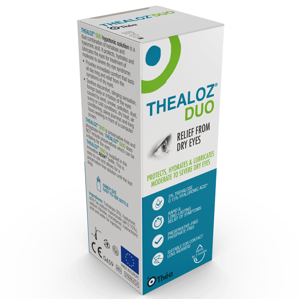 Thealoz Duo dry eye drops 10ml preservative-free multi-dose bottle with carton