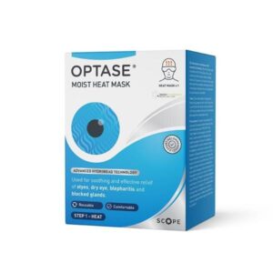 Optase reusable moist heat eye mask shown flat next to its storage pouch