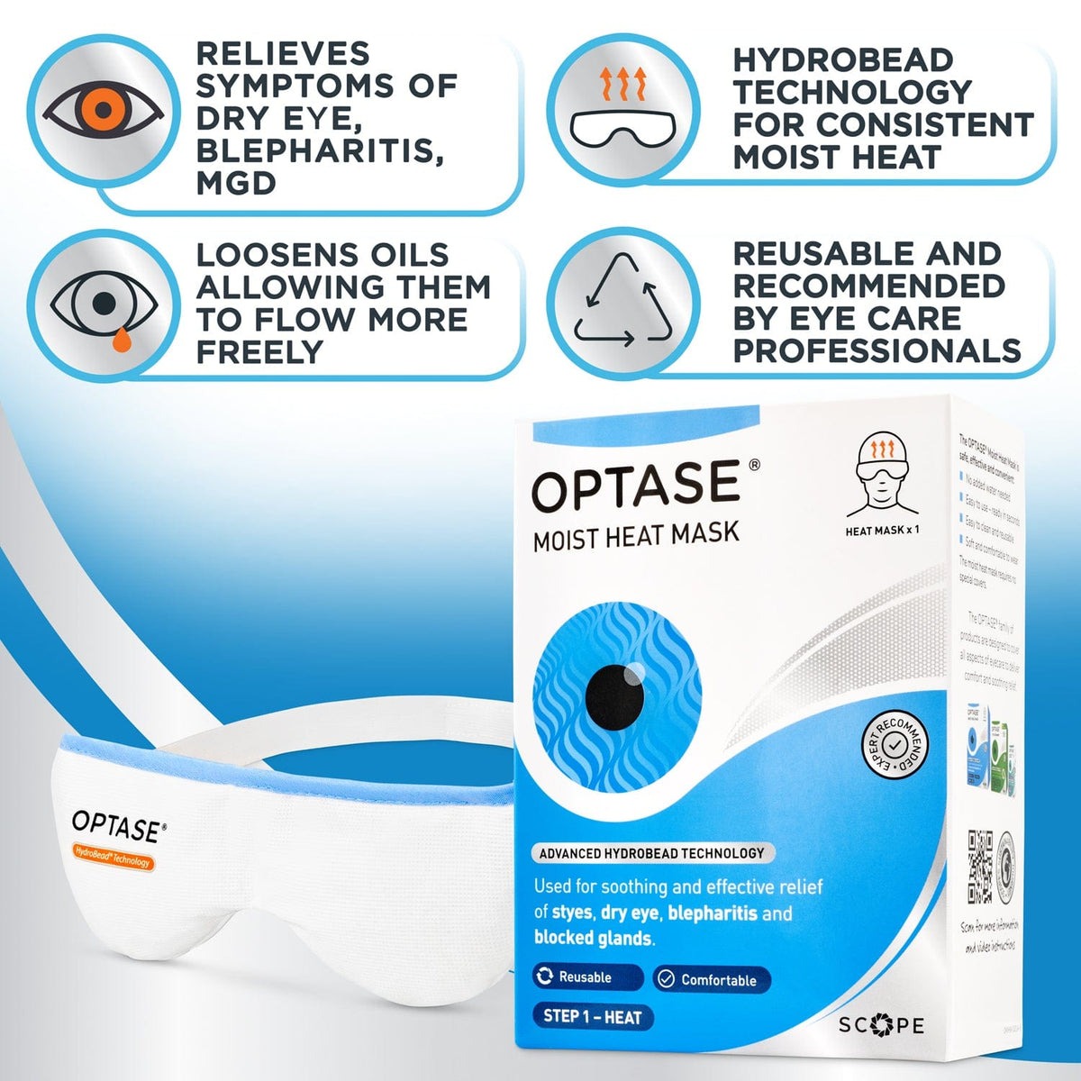 Optase reusable moist heat eye mask shown flat next to its storage pouch — view 4