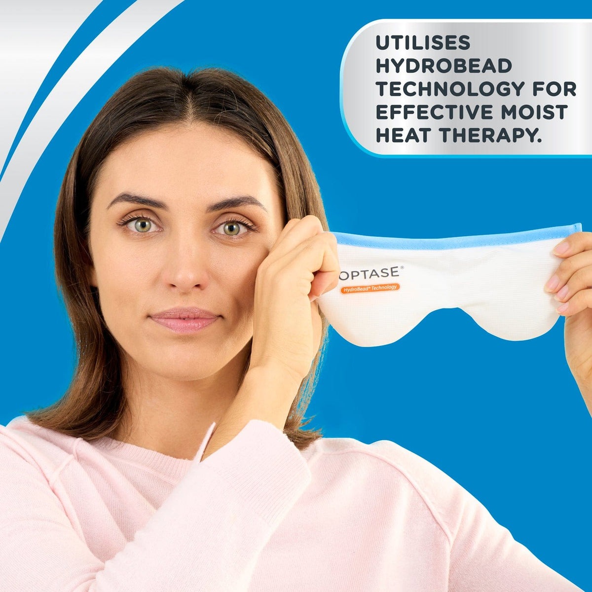 Optase reusable moist heat eye mask shown flat next to its storage pouch — view 3