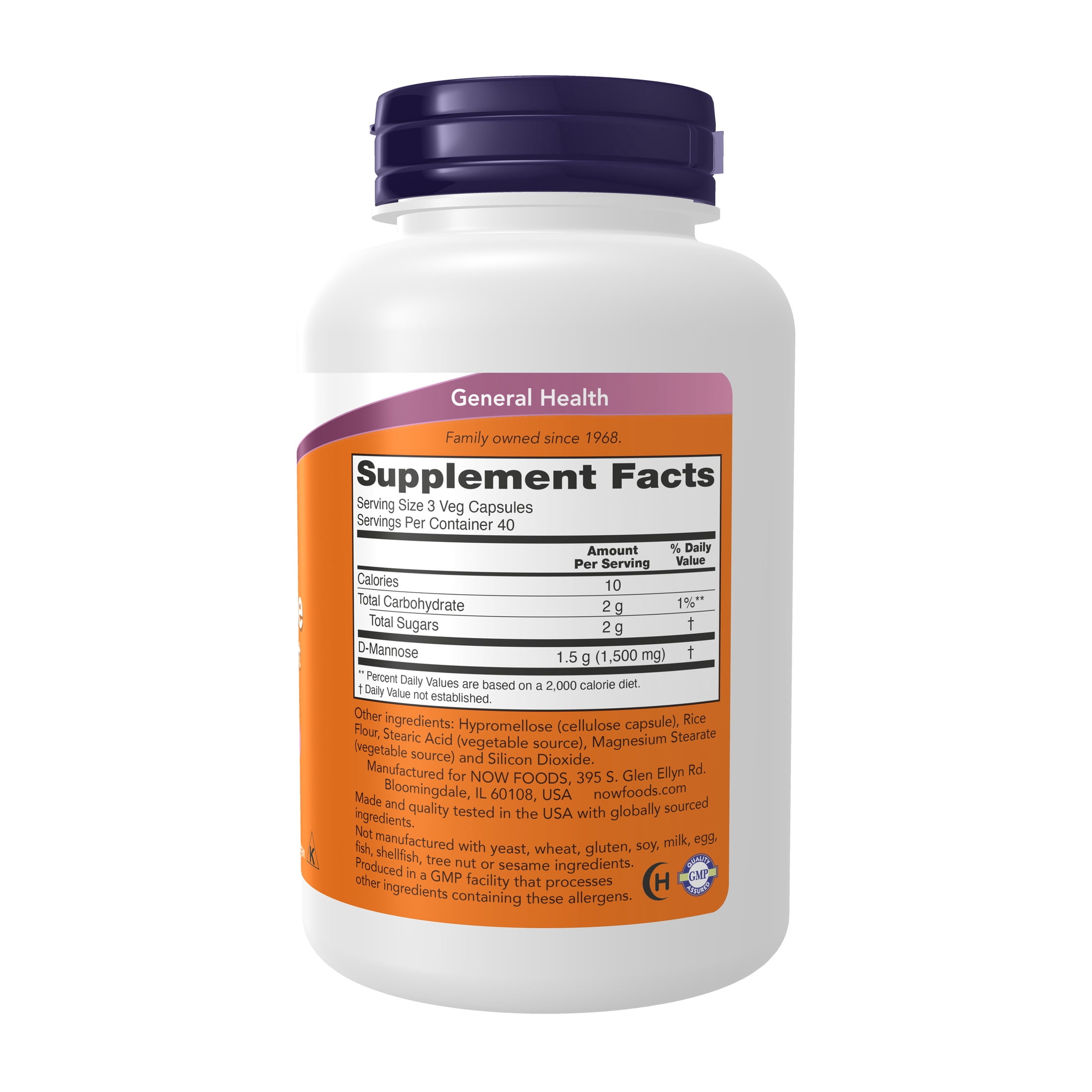NOW D-Mannose 500 mg bottle, back label with Supplement Facts