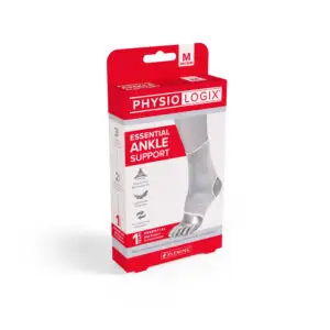 Physiologix Essential ankle support brace in large, shown worn on a foot and ankle