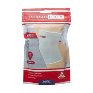 Physiologix Essential knee support large, a slip-on elasticated brace shown on a bent knee