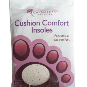 Pair of Carnation cushion comfort insoles shown beside their packaging