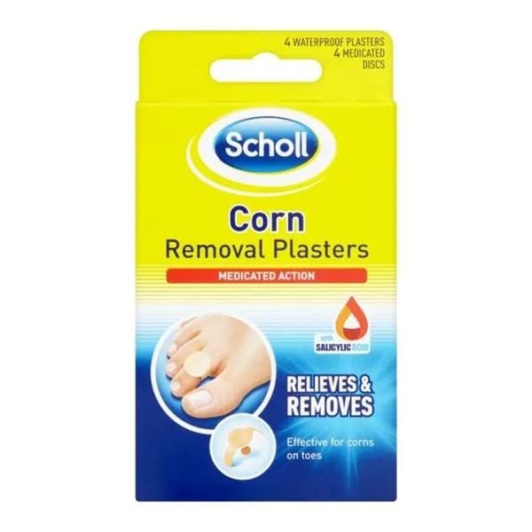 Scholl corn removal plasters pack showing medicated discs and slim toe straps