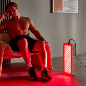 Bestqool Pro100 half-body red light therapy panel standing upright with panel lit