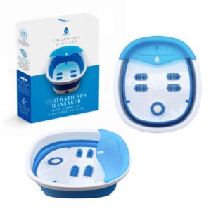Pursonic collapsible foot spa unfolded, showing acupressure rollers inside the basin