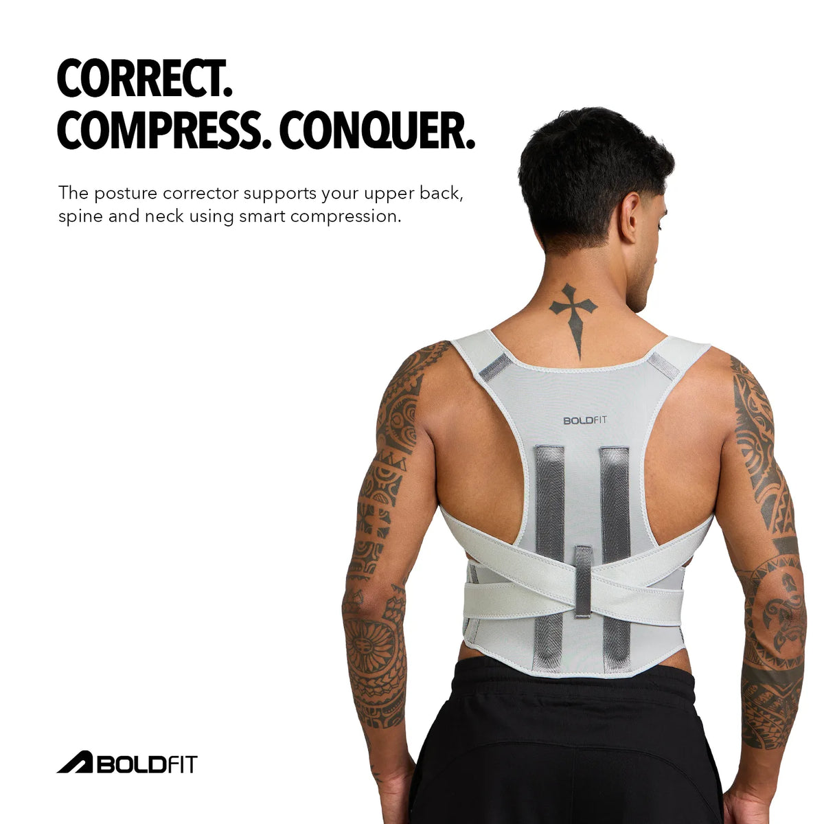 Boldfit unisex posture corrector shoulder brace worn over a grey t-shirt — view 3