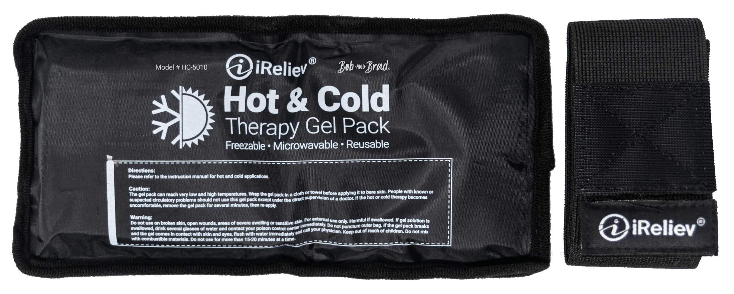 iReliev reusable hot cold gel pack, 11 x 14 inches, shown with securement straps